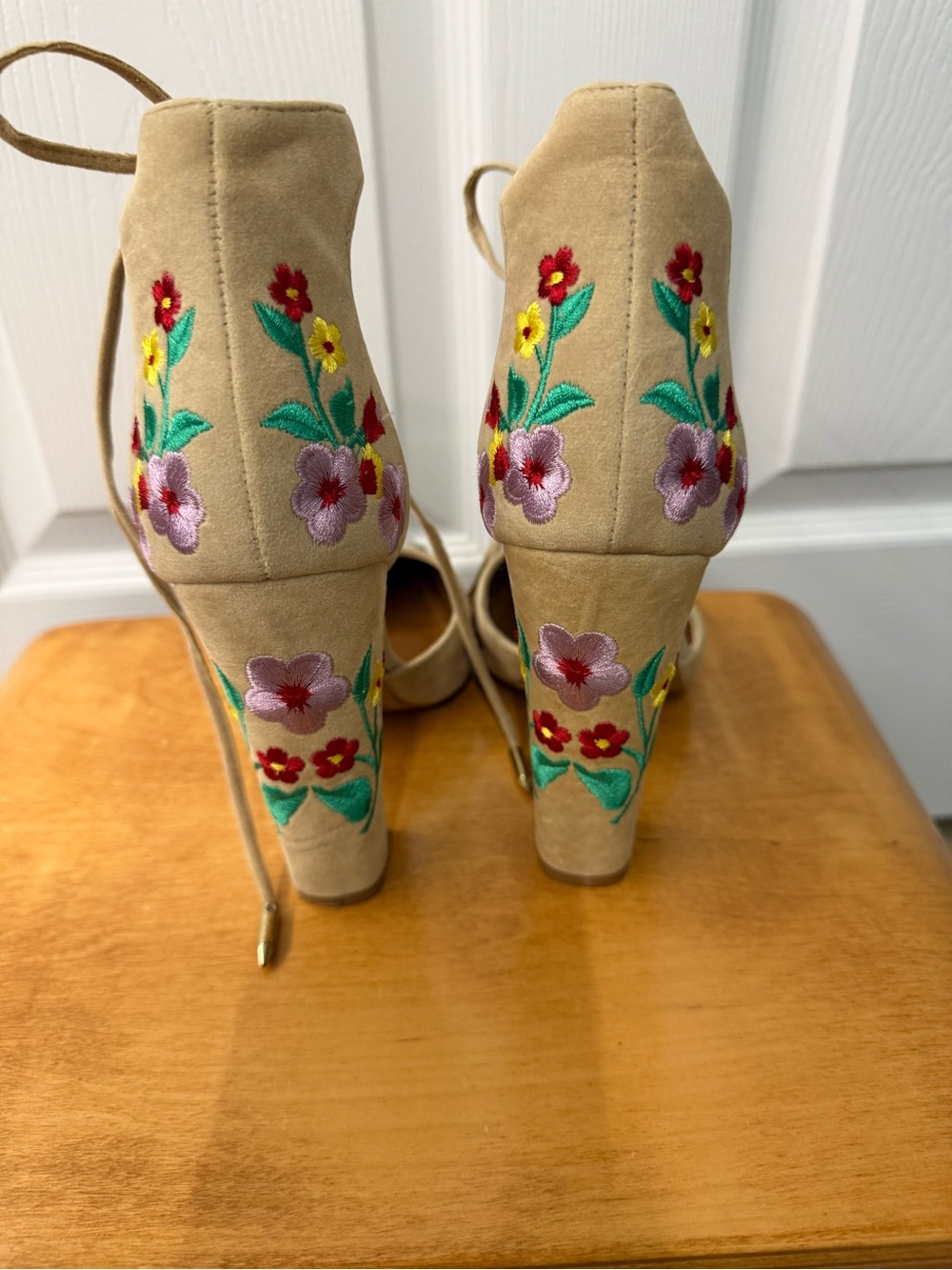 Shoe Republic LA Beige Suede Block Heels with Multicolor Floral Embroidery